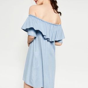 Zara Ruffled Off-the-Shoulder Chambray Mini Dress